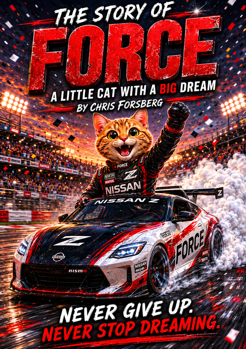 Cover of The Story of Force: a rescue cat in racing gear cheering from a drifting Nissan Z