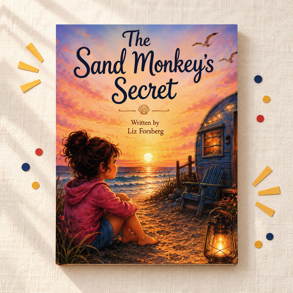 The Sand Monkey's Secret hardcover lying on cream linen with paper confetti