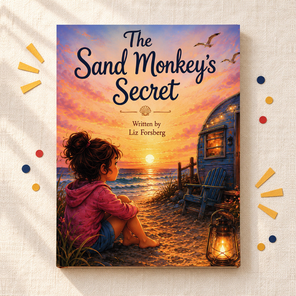 The Sand Monkey's Secret hardcover lying on cream linen with paper confetti