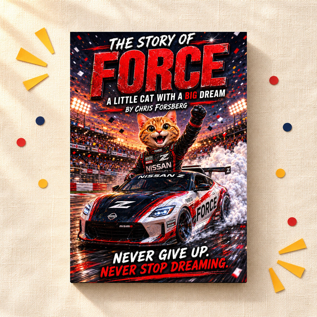 The Story of Force hardcover lying on cream linen with paper confetti
