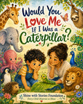 Cover of Would You Love Me If I Was a Caterpillar?, with a child and an adult watching a caterpillar among animals