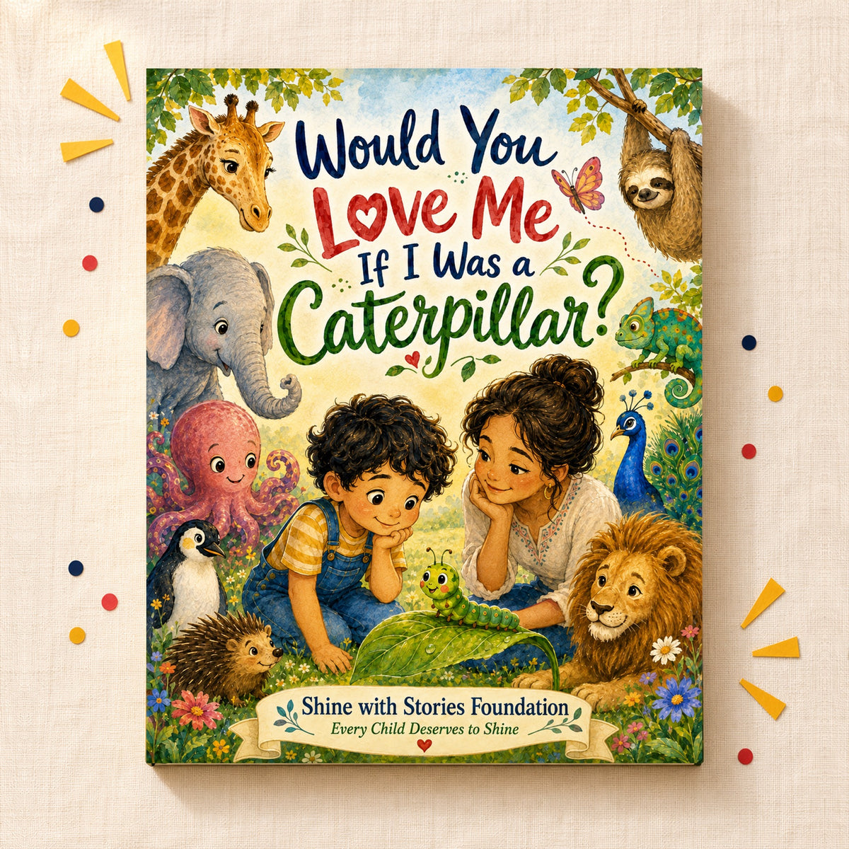 Would You Love Me If I Was a Caterpillar? hardcover lying on cream linen with paper confetti
